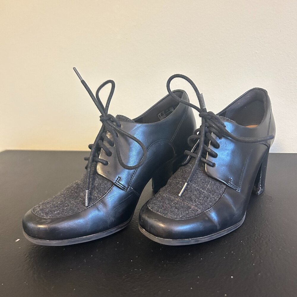 Clarks Kensett Darla Oxford Heels Womens Size 6.5 Black Grey Plaid Block Heel